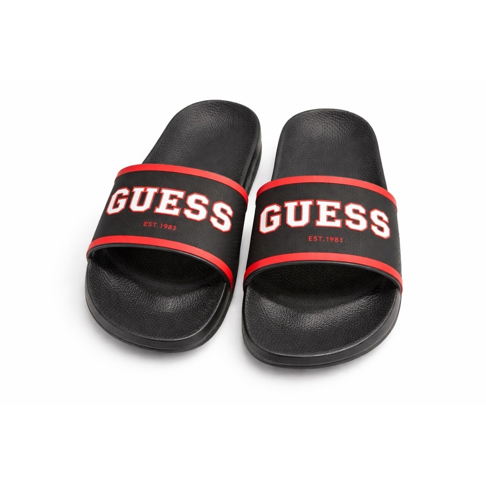 NWT Guess Elliot Slide Sandals Mens 11 Black Red Logo Sport Summer Shoes
